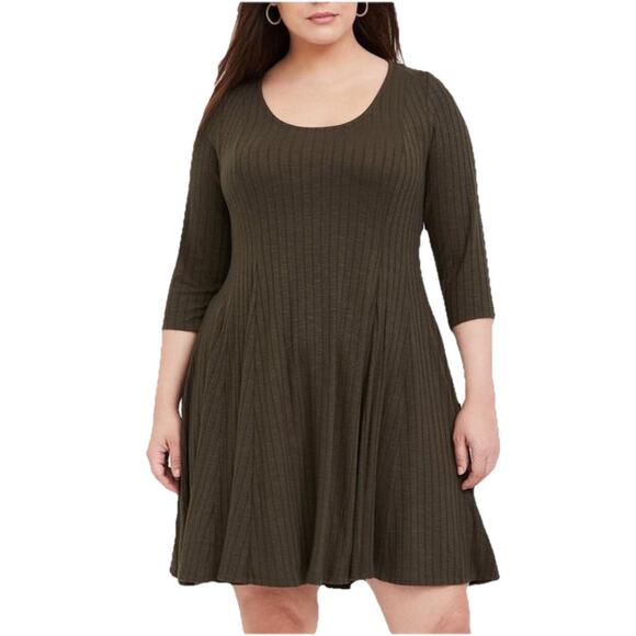 Torrid Mini Hacca Rib Knit Skater Dress Plus Size 3 3X Olive Green - Picture 1 of 6